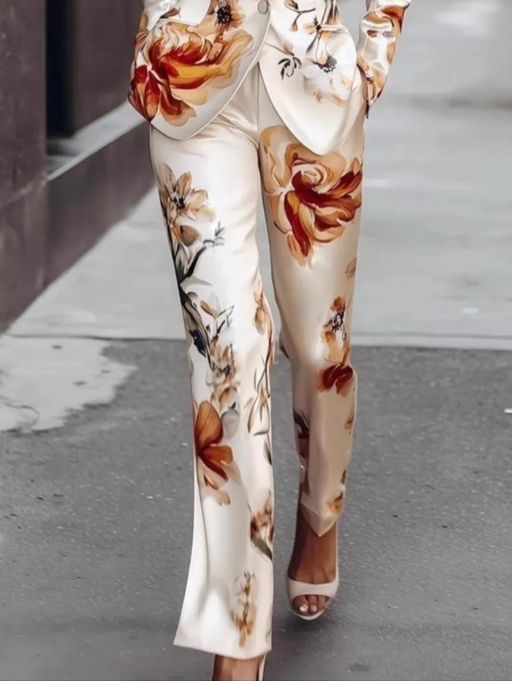 Floral Cream Satin Women's Blazer & Pants Set - Picture 4 of 8